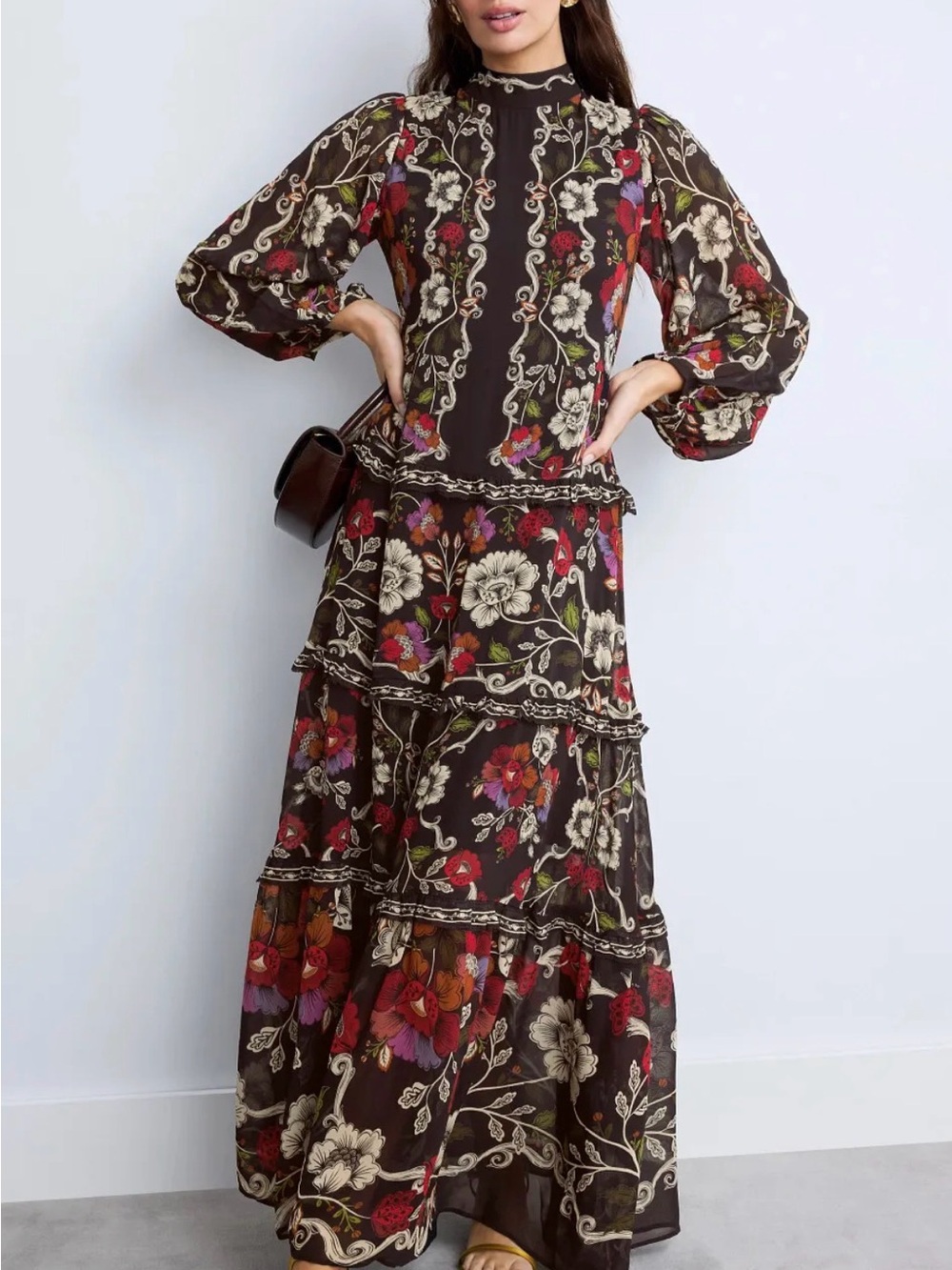 FARM Rio Brown Floral Tiered Maxi Dress with Multicolor Blooms, fully modest :)